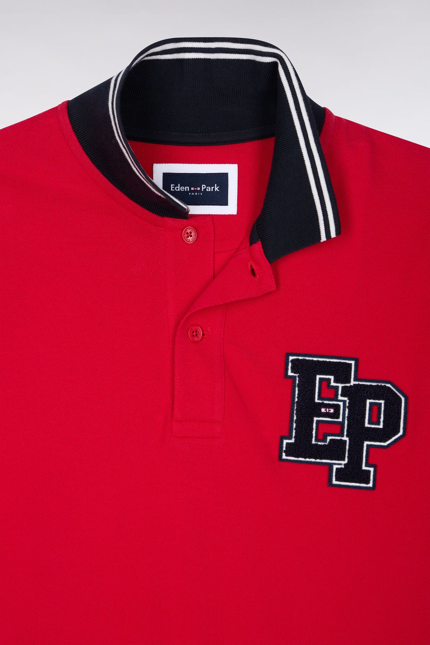 Polo manches longues en piqué de coton peigné rouge coupe droite