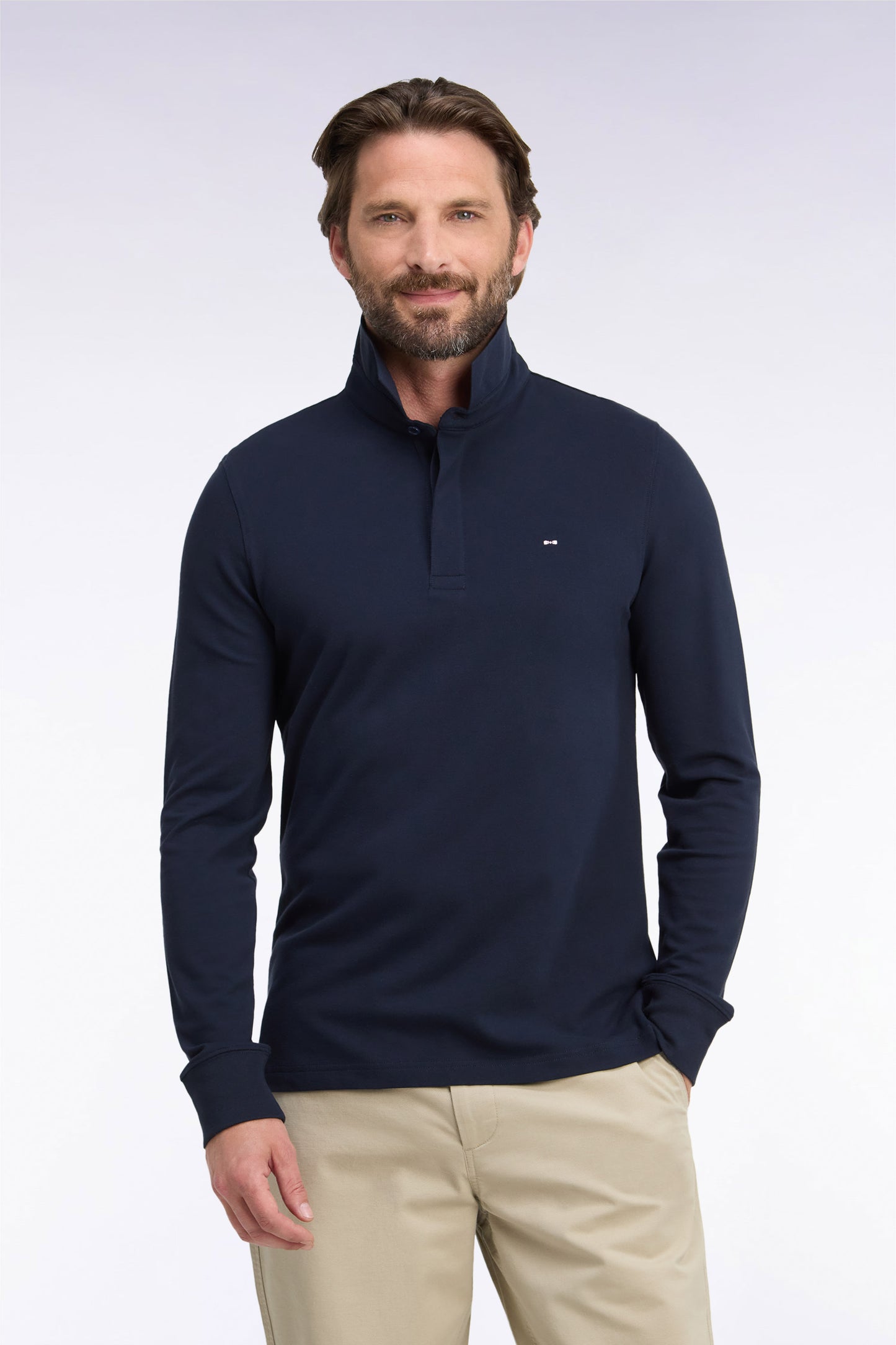 Polo manches longues en coton stretch marine coupe ajustée