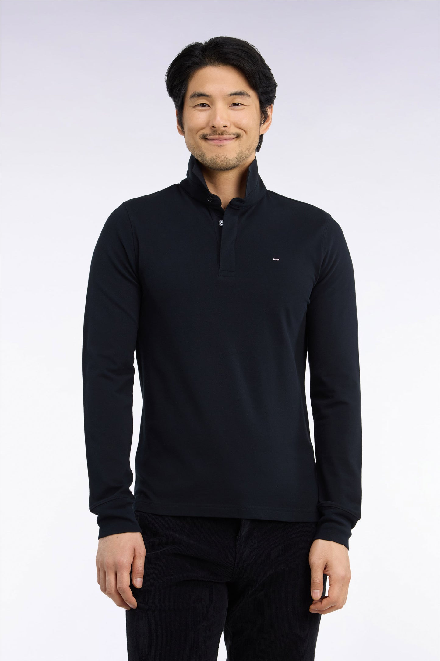 Polo manches longues en coton stretch noir coupe ajustée