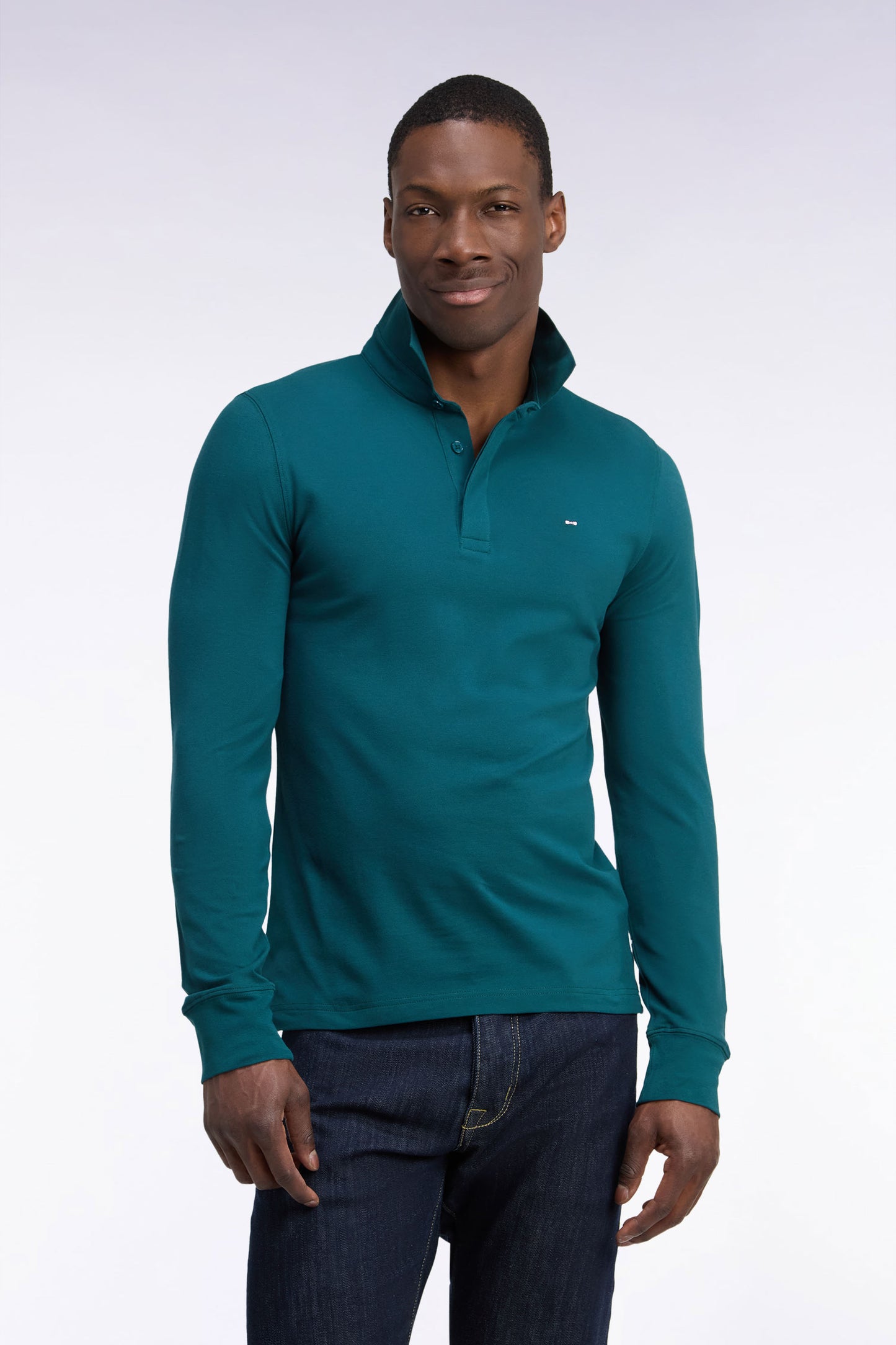 Polo manches longues en coton stretch vert coupe ajustée