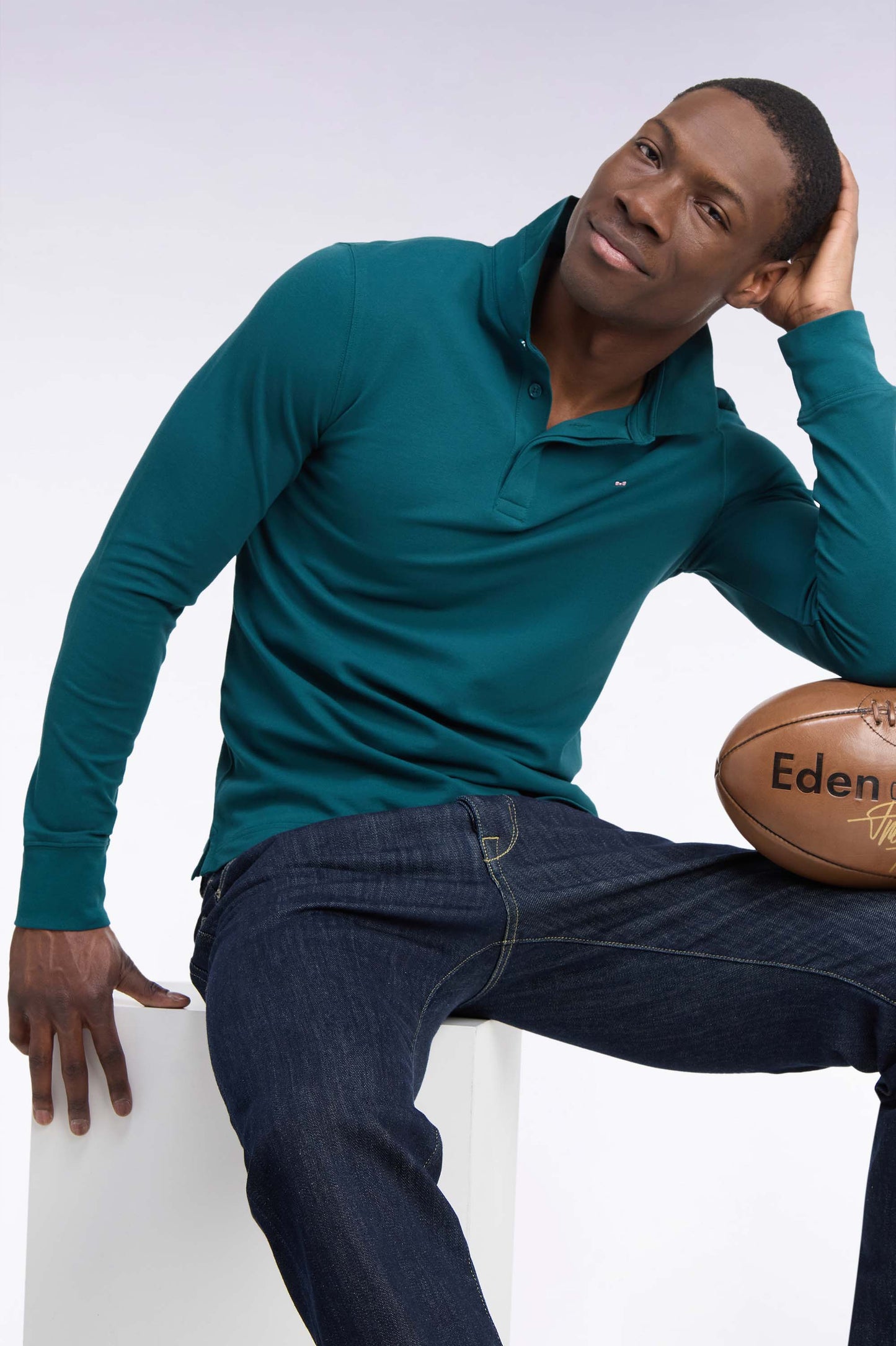 Polo manches longues en coton stretch vert coupe ajustée