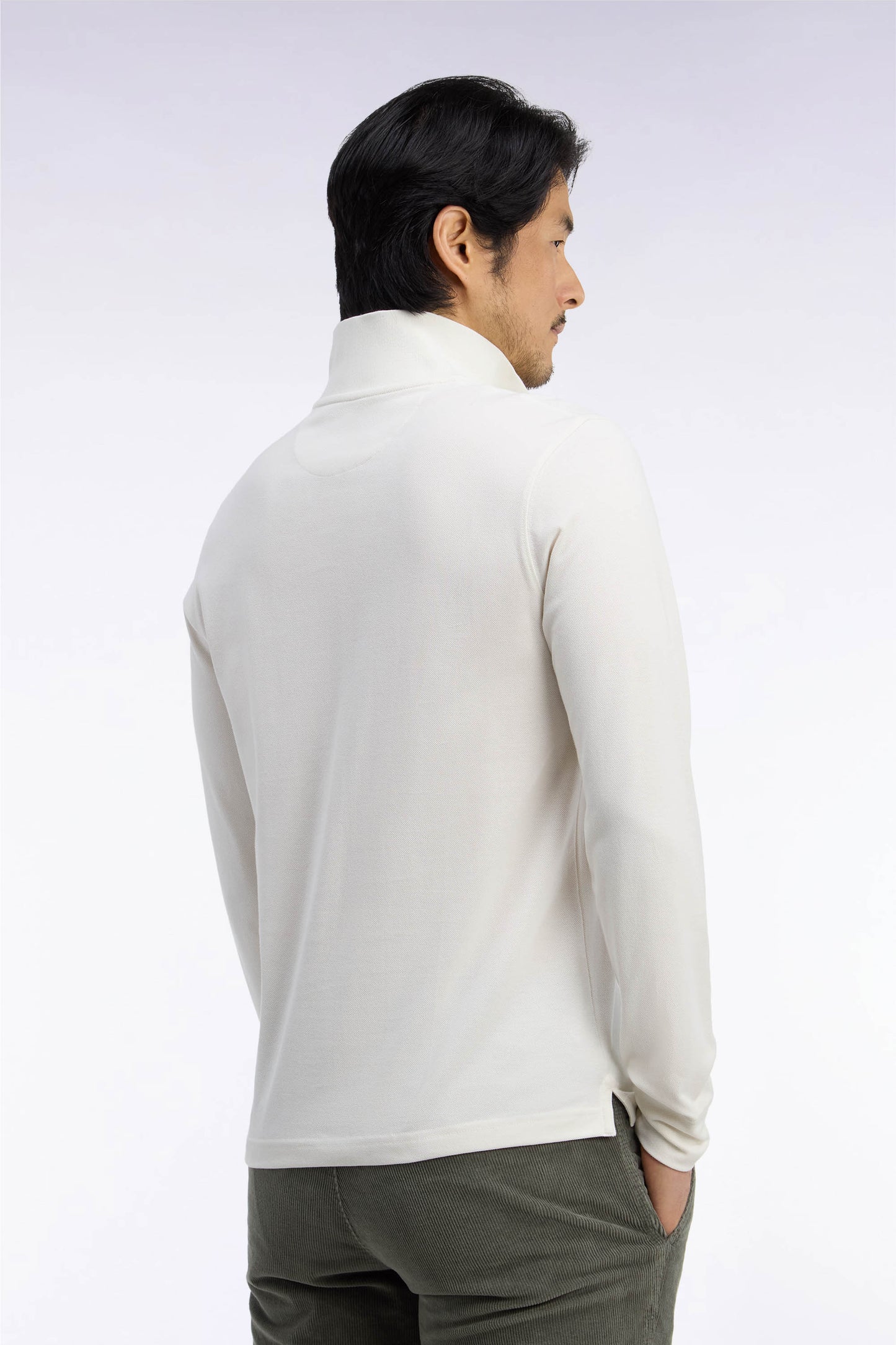 Polo manches longues en coton Pima écru coupe droite