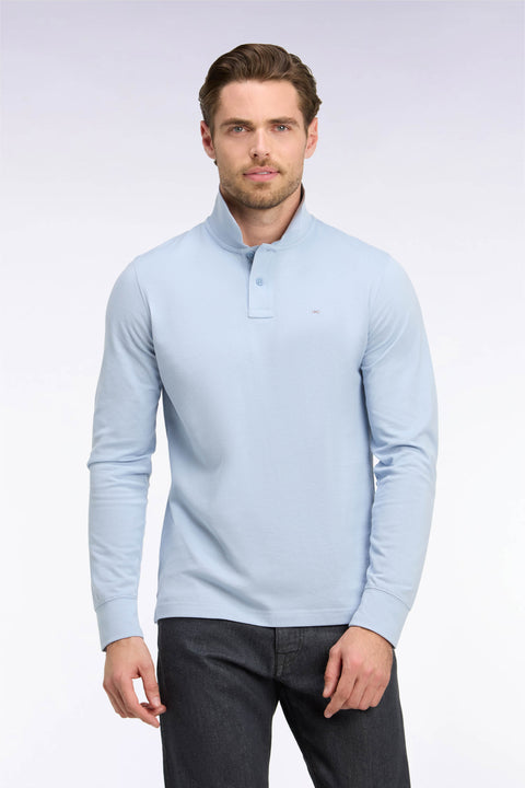 Long-sleeved polo shirt in sky blue Pima cotton, straight cut - Image 3