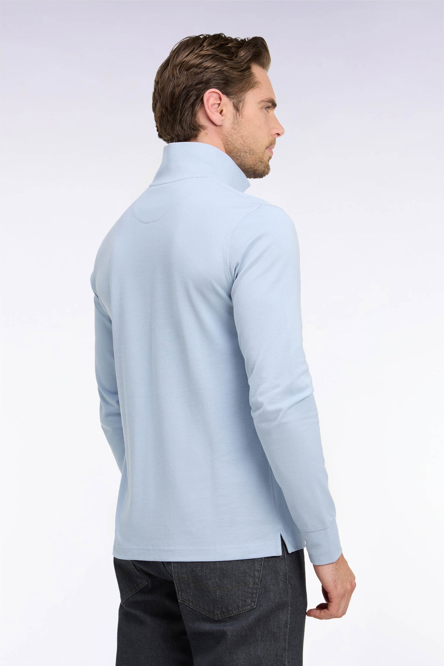 Long-sleeved polo shirt in sky blue Pima cotton, straight cut