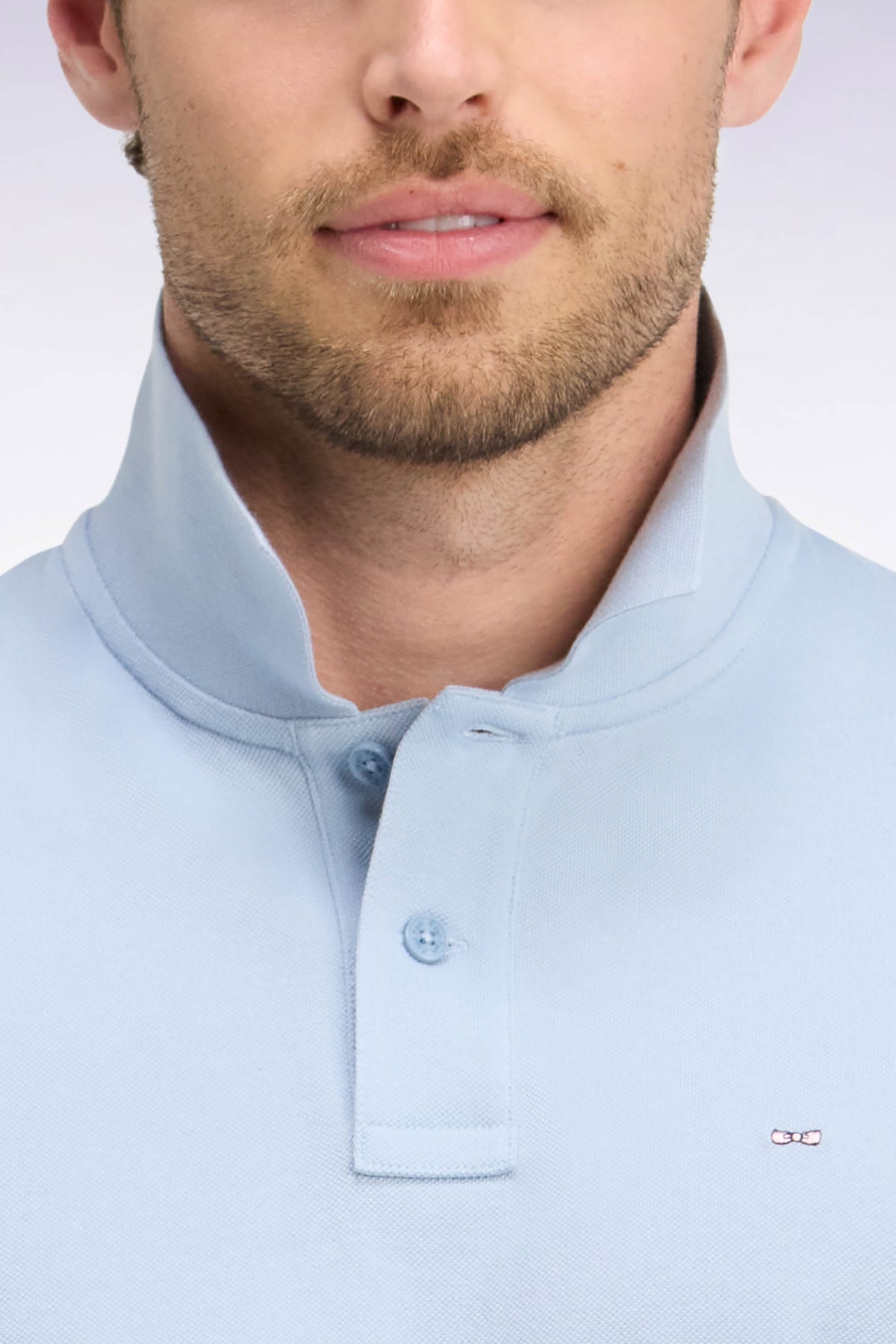 Long-sleeved polo shirt in sky blue Pima cotton, straight cut
