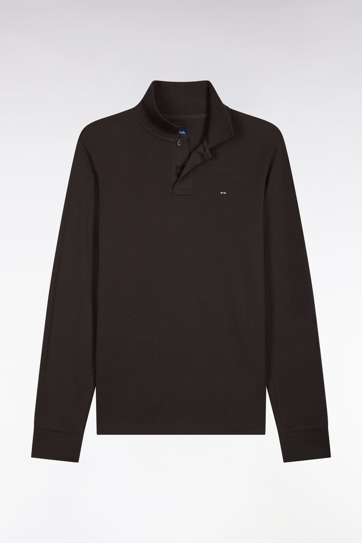 Long-sleeved polo shirt in dark brown Pima cotton, straight cut