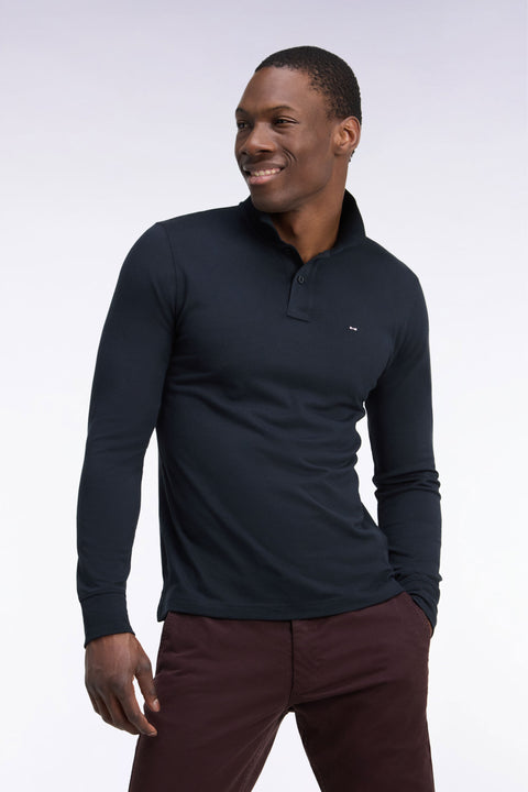 Long-sleeved black Pima cotton straight-cut polo shirt - Image 1