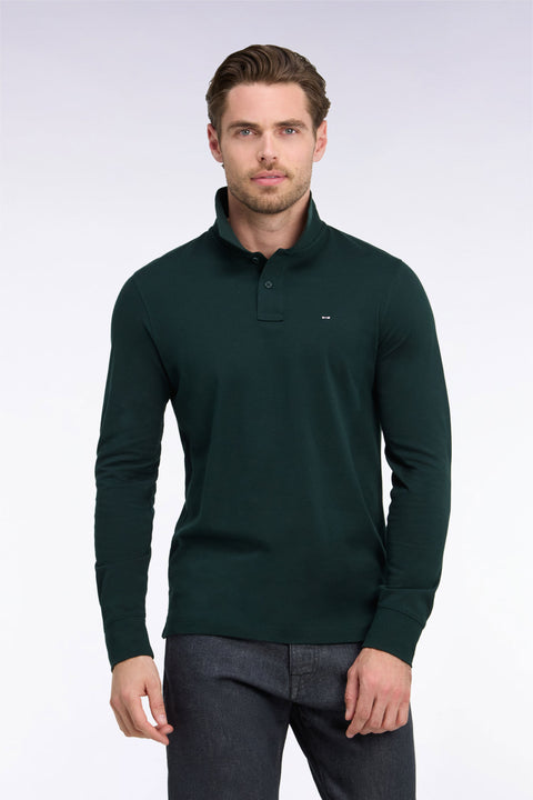 Long-sleeved polo shirt in dark green Pima cotton, straight cut - Image 3