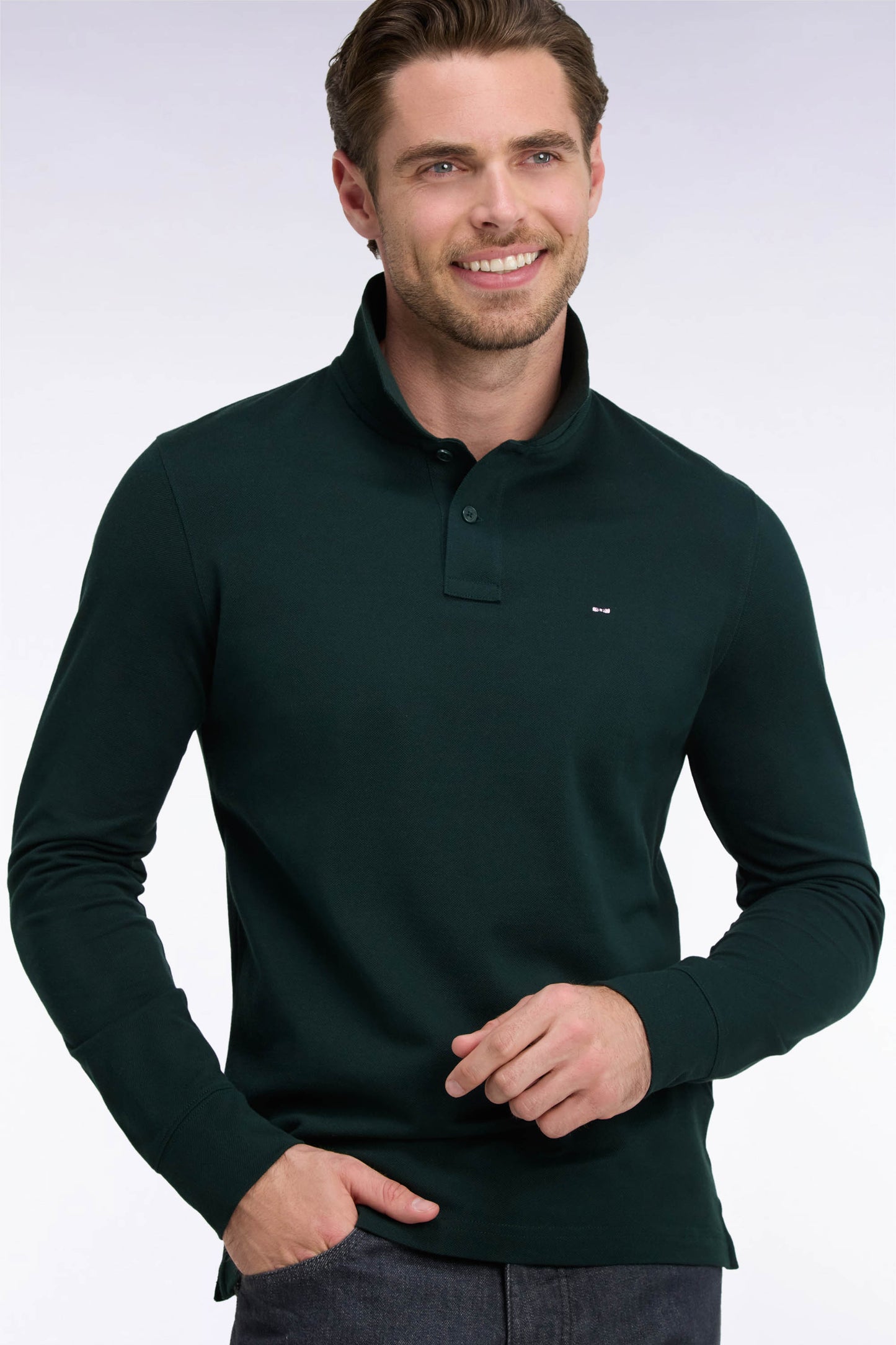 Long-sleeved polo shirt in dark green Pima cotton, straight cut