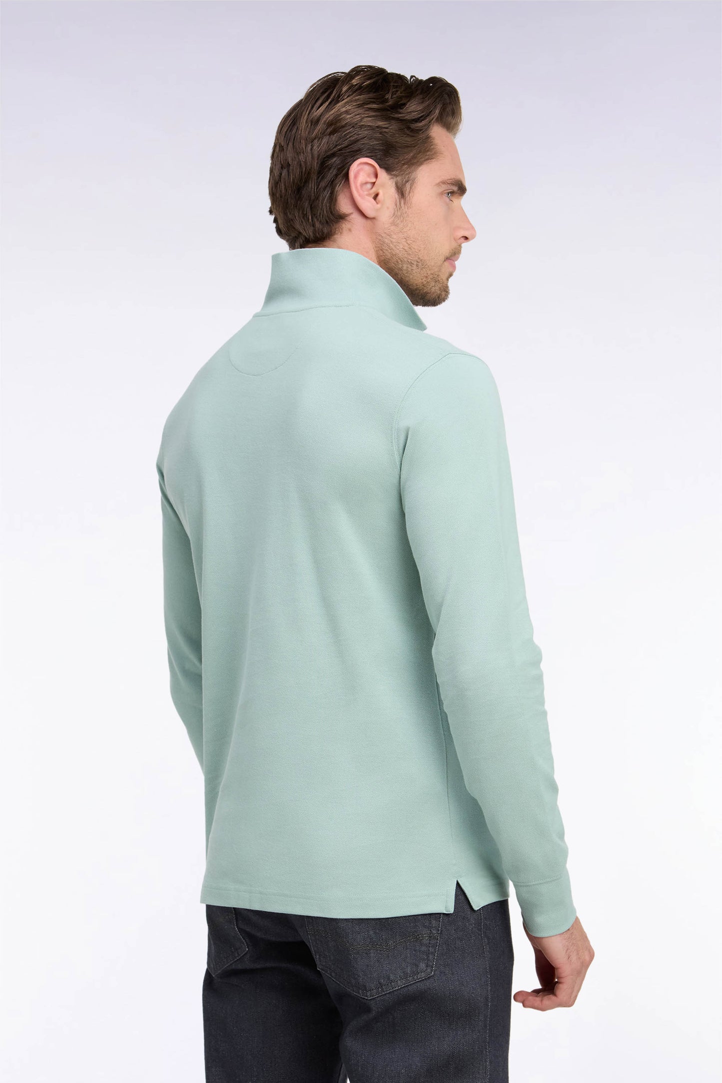 Green Pima cotton long-sleeved straight-cut polo shirt