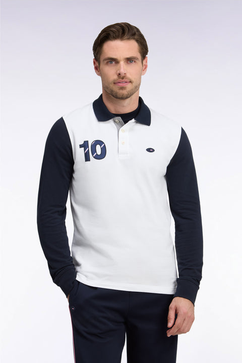 Polo à manches longues en piqué de coton peigné bicolore blanc XV de France - Image 3