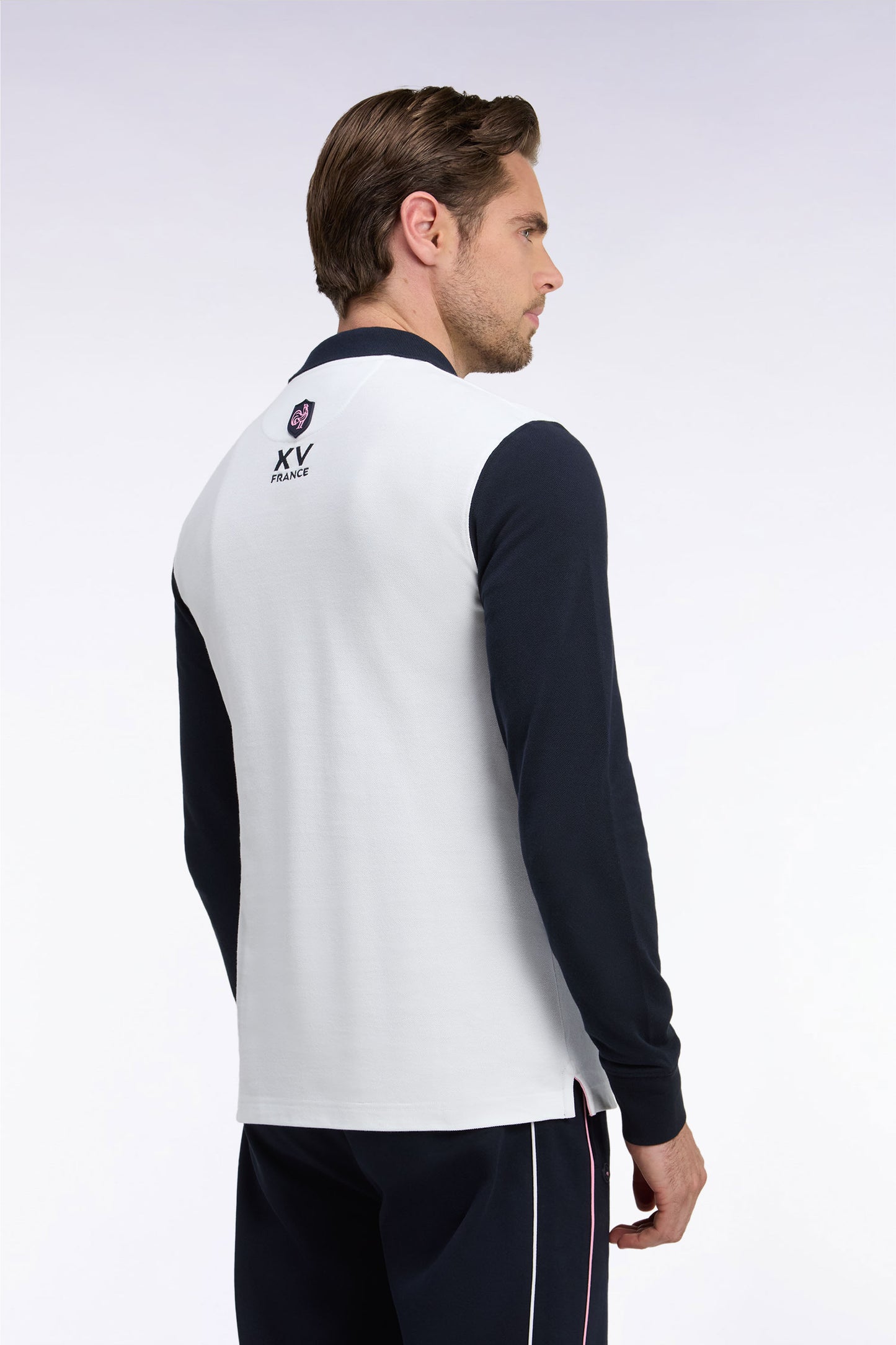 Polo à manches longues en piqué de coton peigné bicolore blanc XV de France