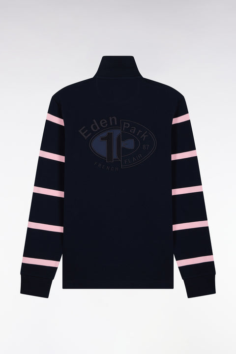 Long-sleeved striped polo shirt in navy cotton pique straight cut - Image 2