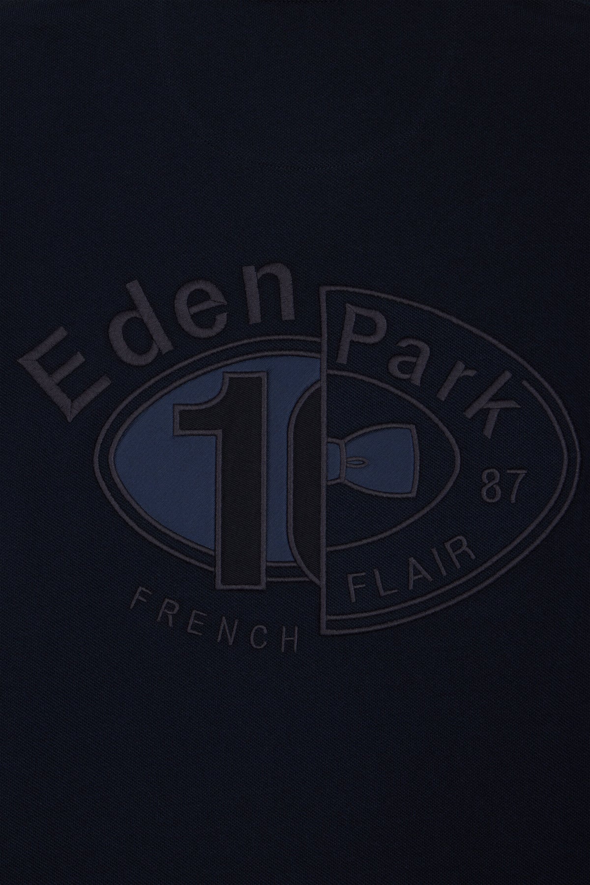 Long-sleeved striped polo shirt in navy cotton pique straight cut