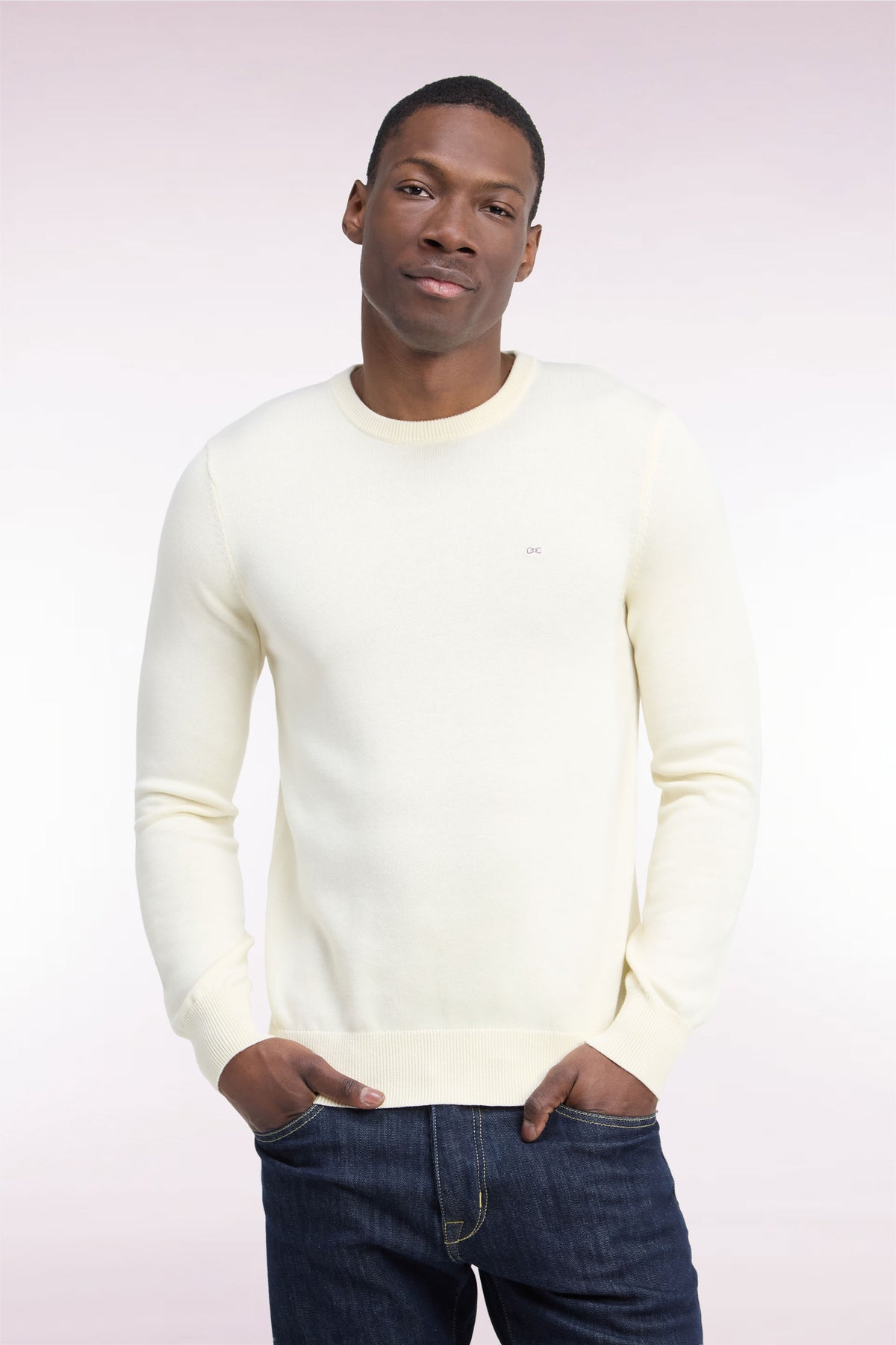 Round neck sweater in ecru wool and cotton, straight cut