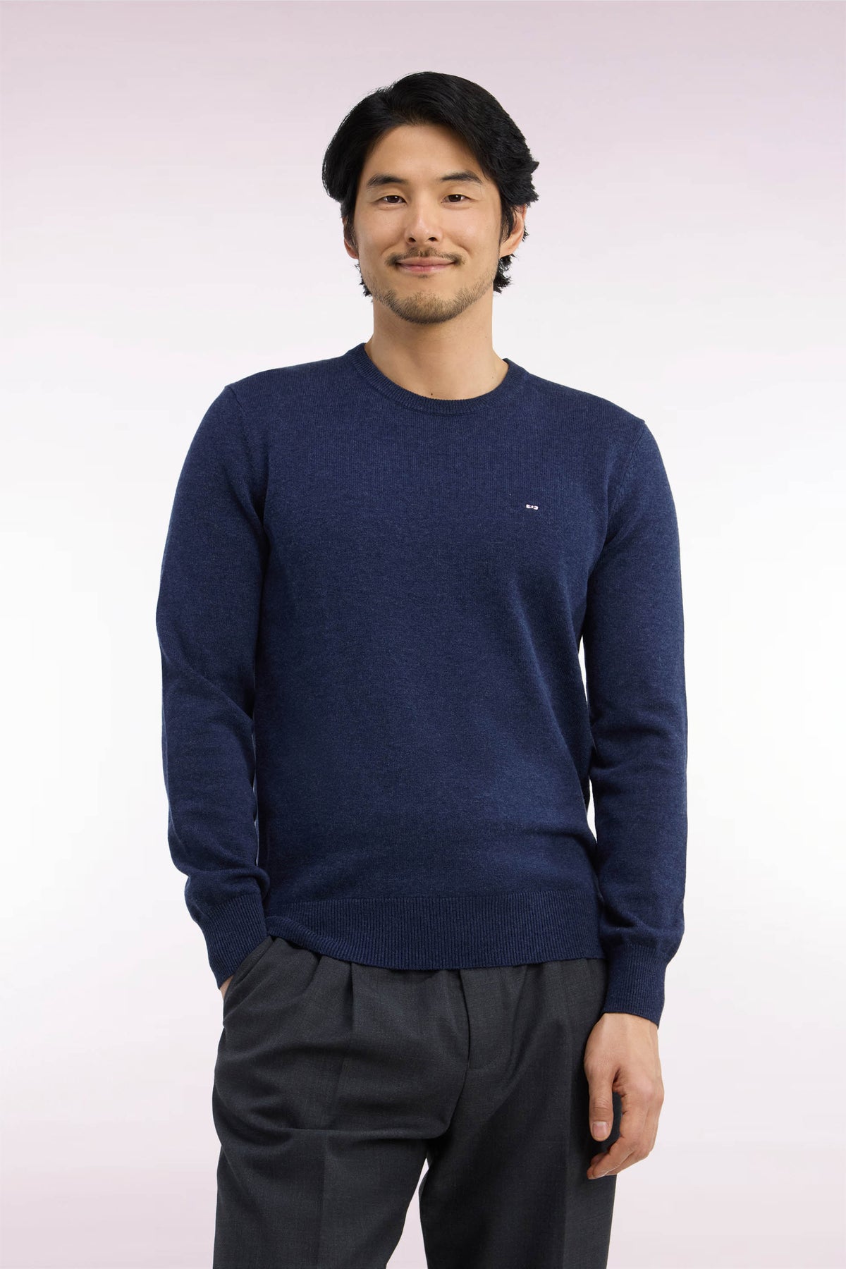Round neck sweater in blue wool and cotton, straight cut