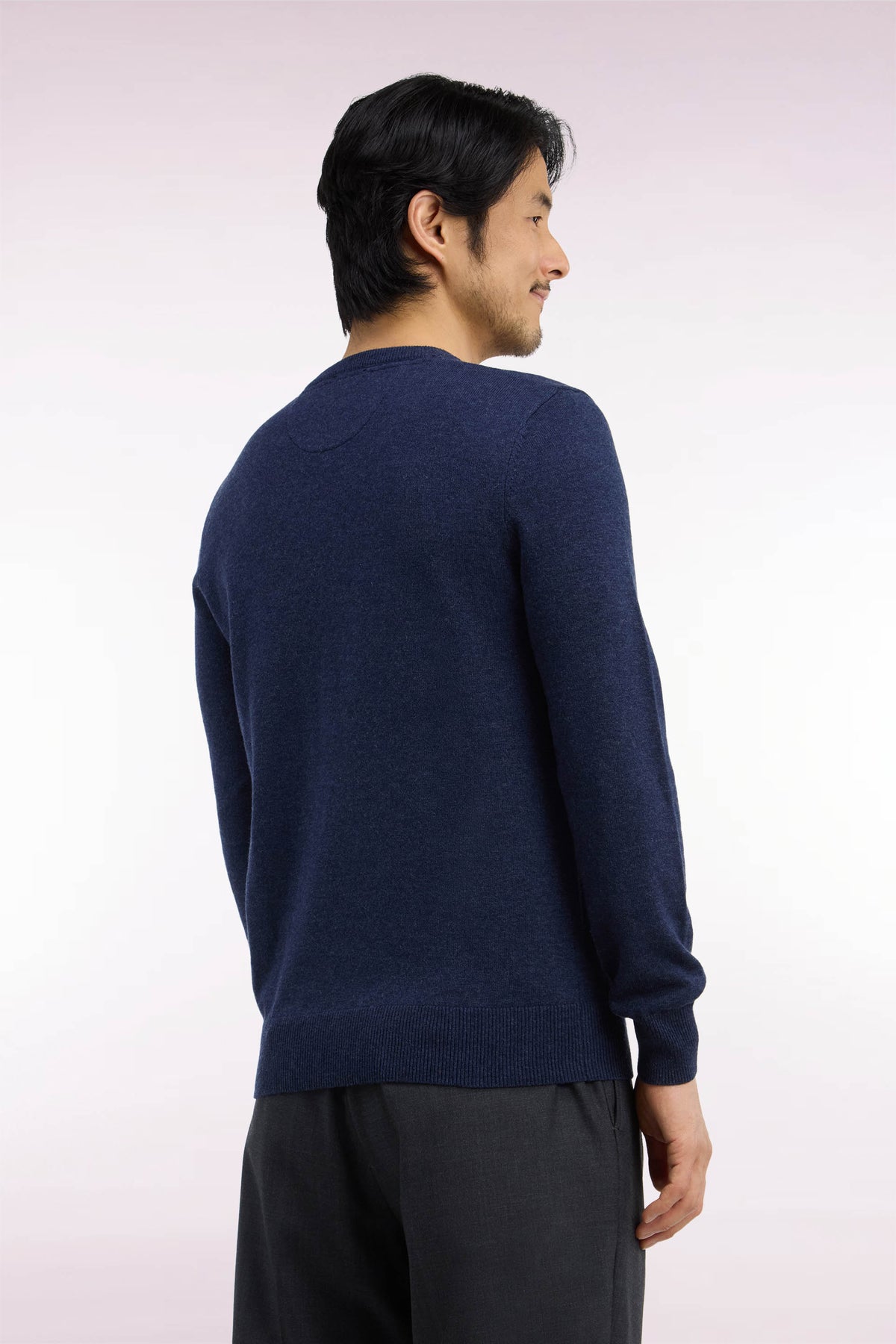 Round neck sweater in blue wool and cotton, straight cut
