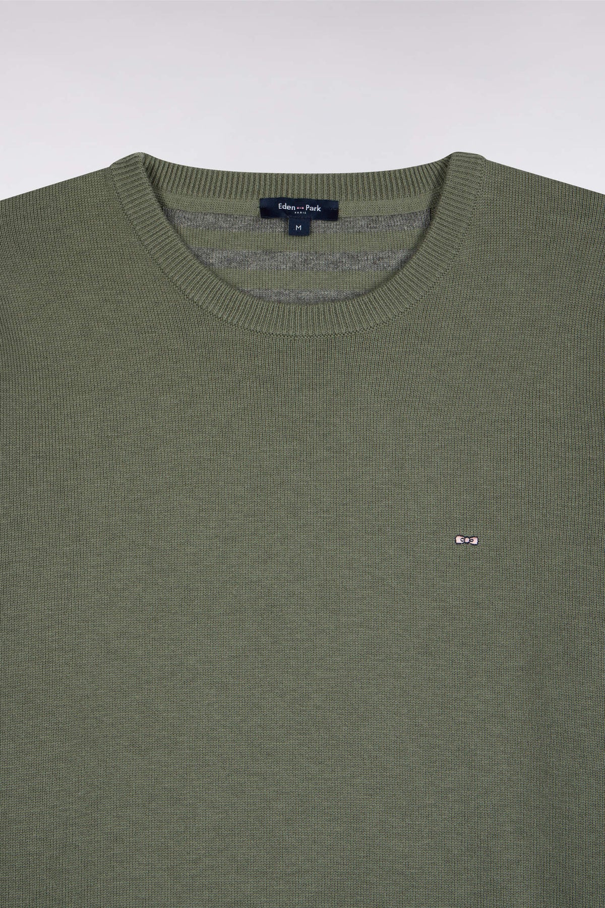 Round neck sweater in olive green wool and cotton, straight cut