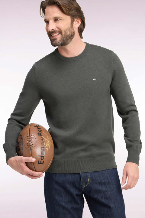 Round-neck straight-cut khaki wool and cotton sweater - Image 1