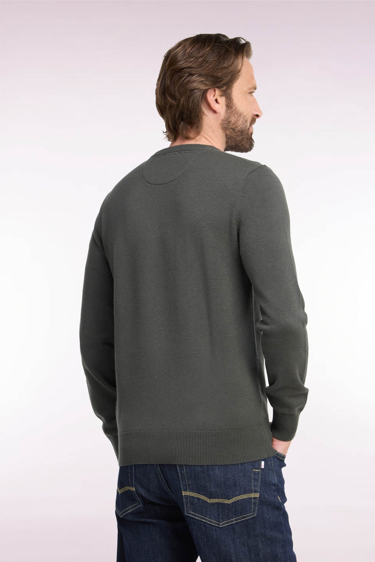 Round-neck straight-cut khaki wool and cotton sweater
