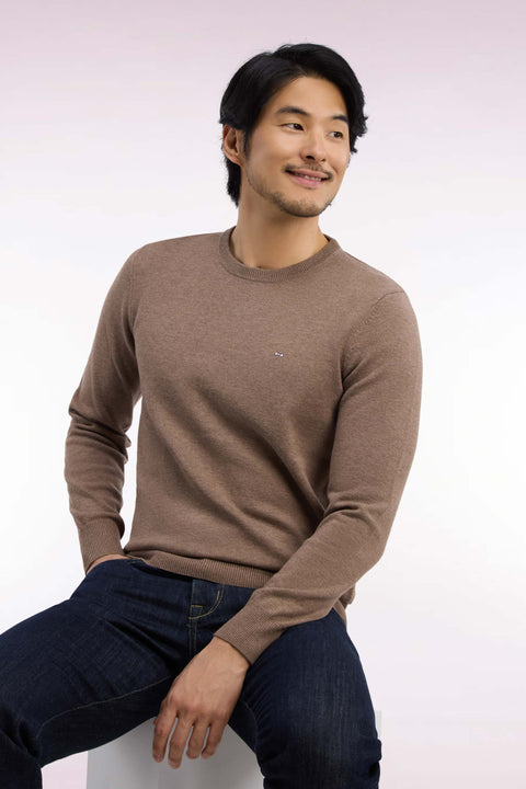 Round neck sweater in brown wool and cotton, straight cut - Image 1