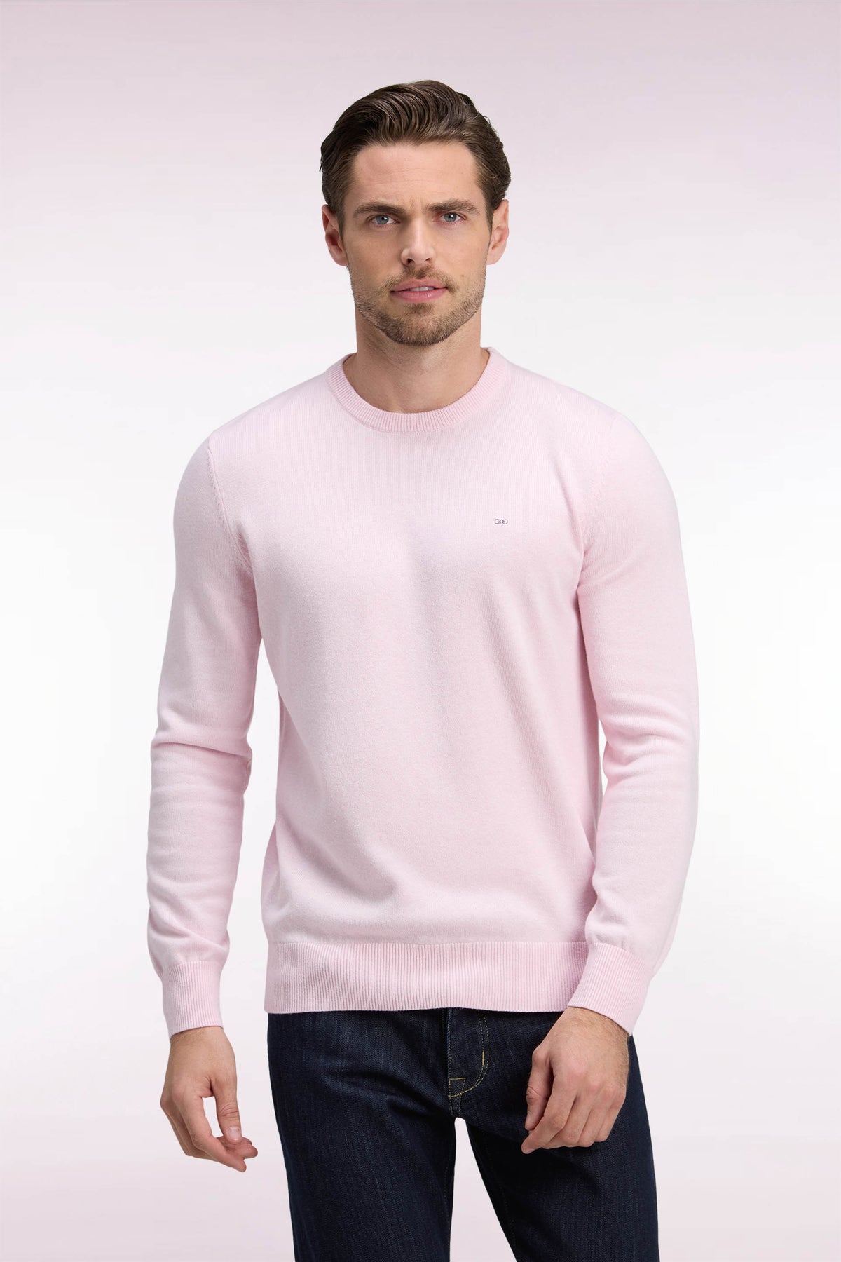 Round neck sweater in pink wool and cotton, straight cut