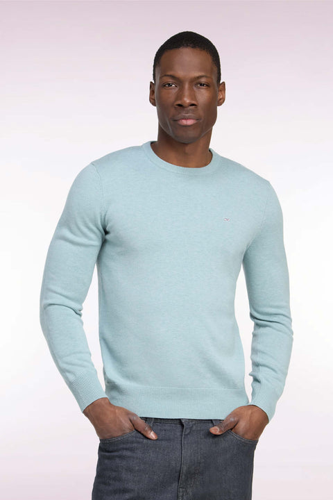 Round neck sweater in water green wool and cotton, straight cut - Image 3