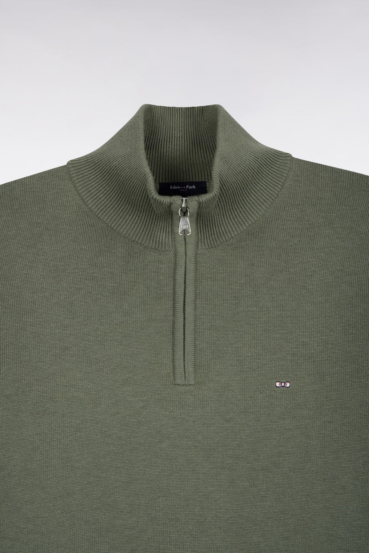 Straight cut olive green wool and cotton trucker neck sweater