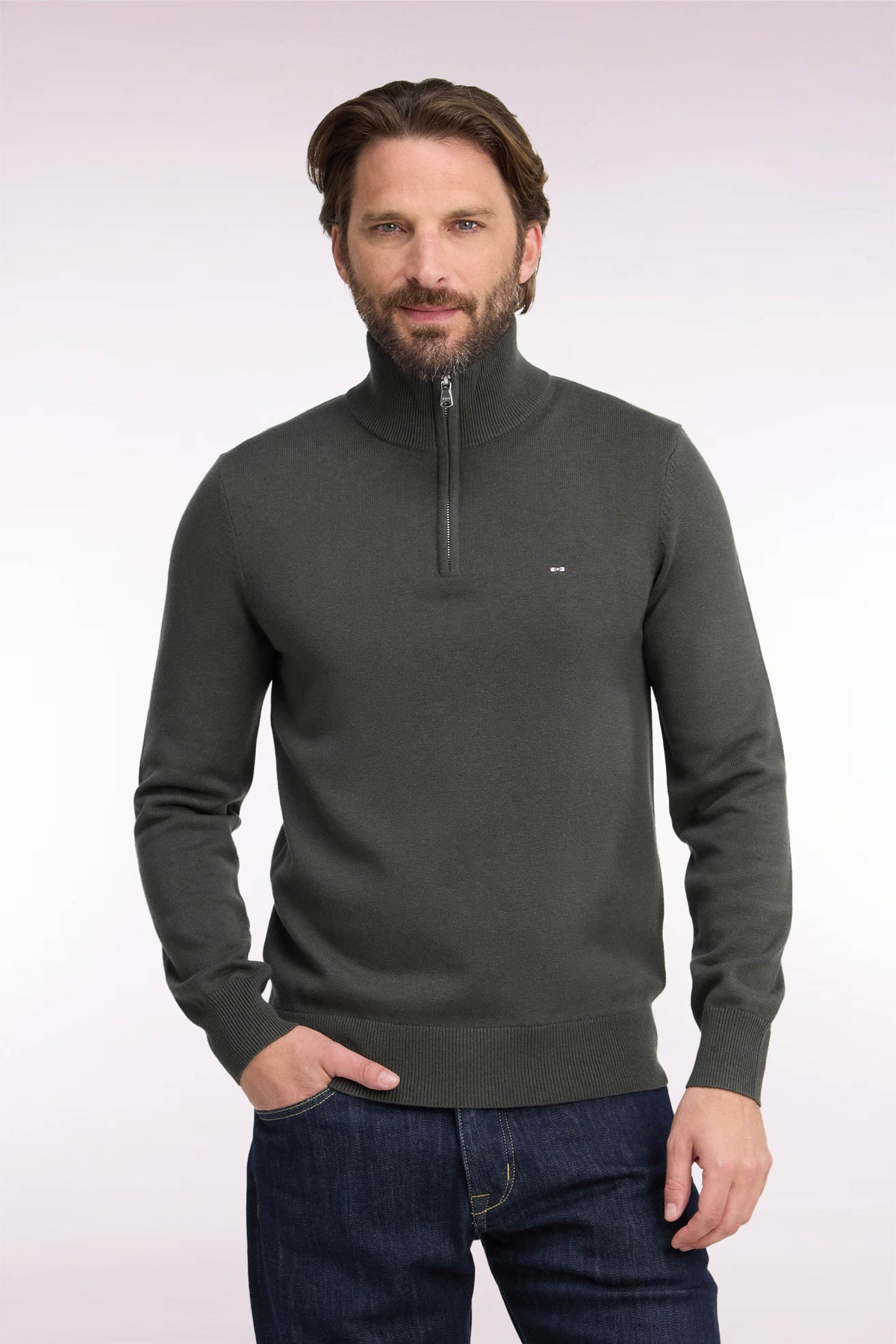 Straight cut khaki wool and cotton trucker neck sweater
