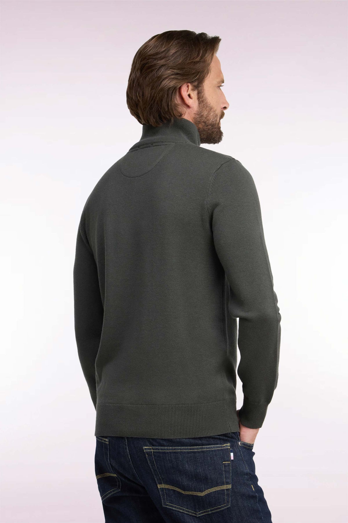 Straight cut khaki wool and cotton trucker neck sweater