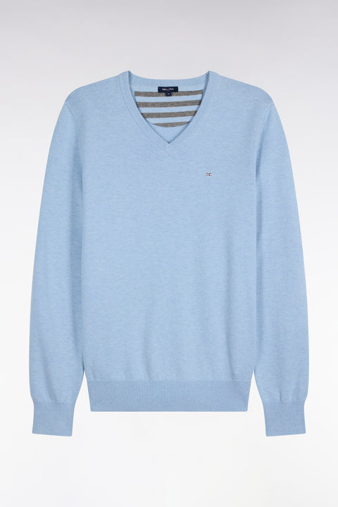 Pull col V en laine et coton ciel coupe droite - Image 2