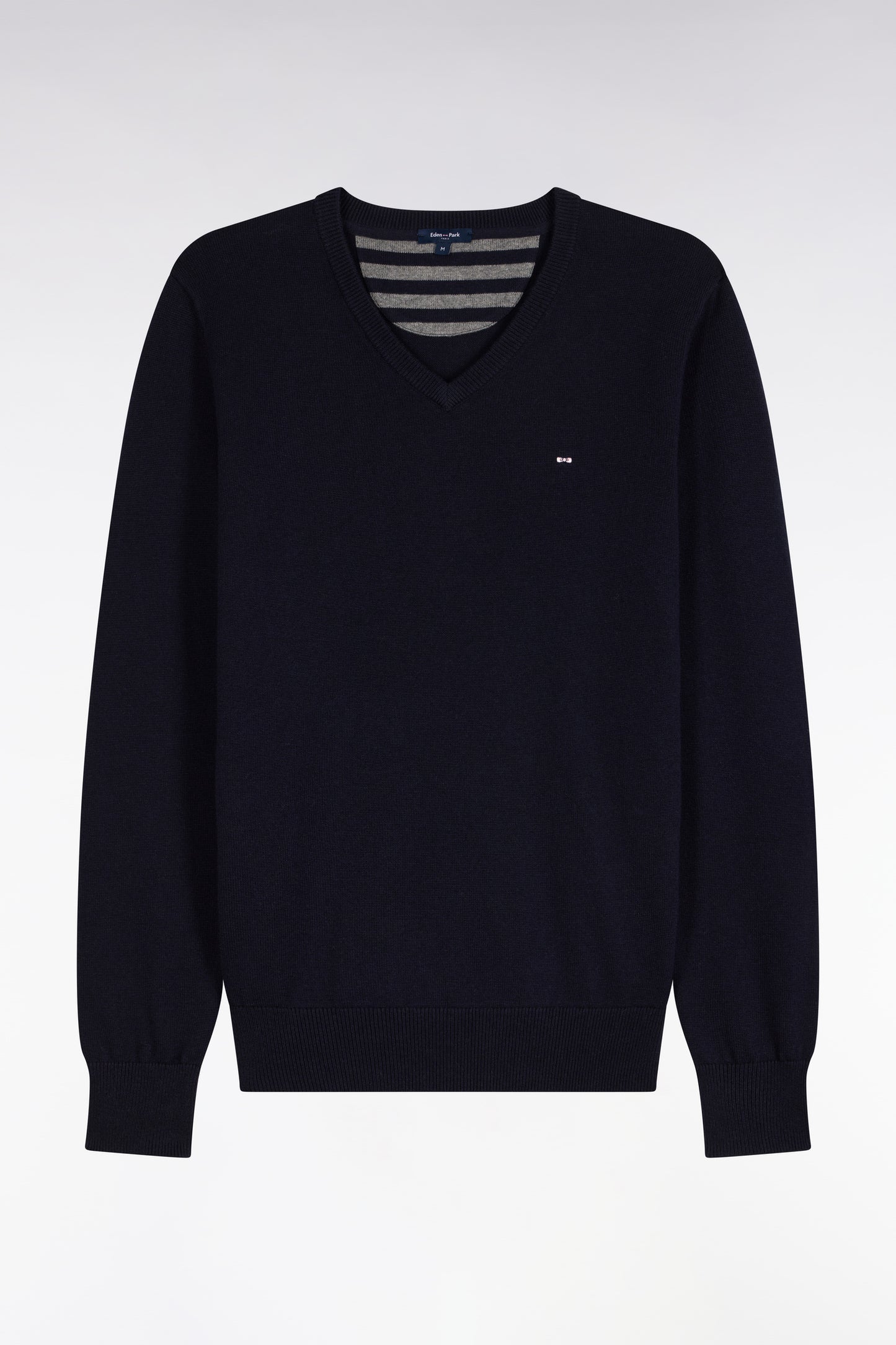 Pull col V en laine et coton marine coupe droite