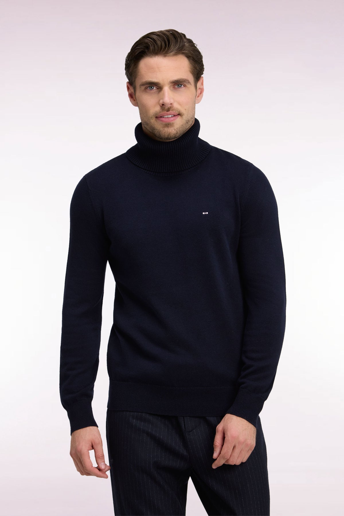 Straight cut navy wool and cotton turtleneck sweater