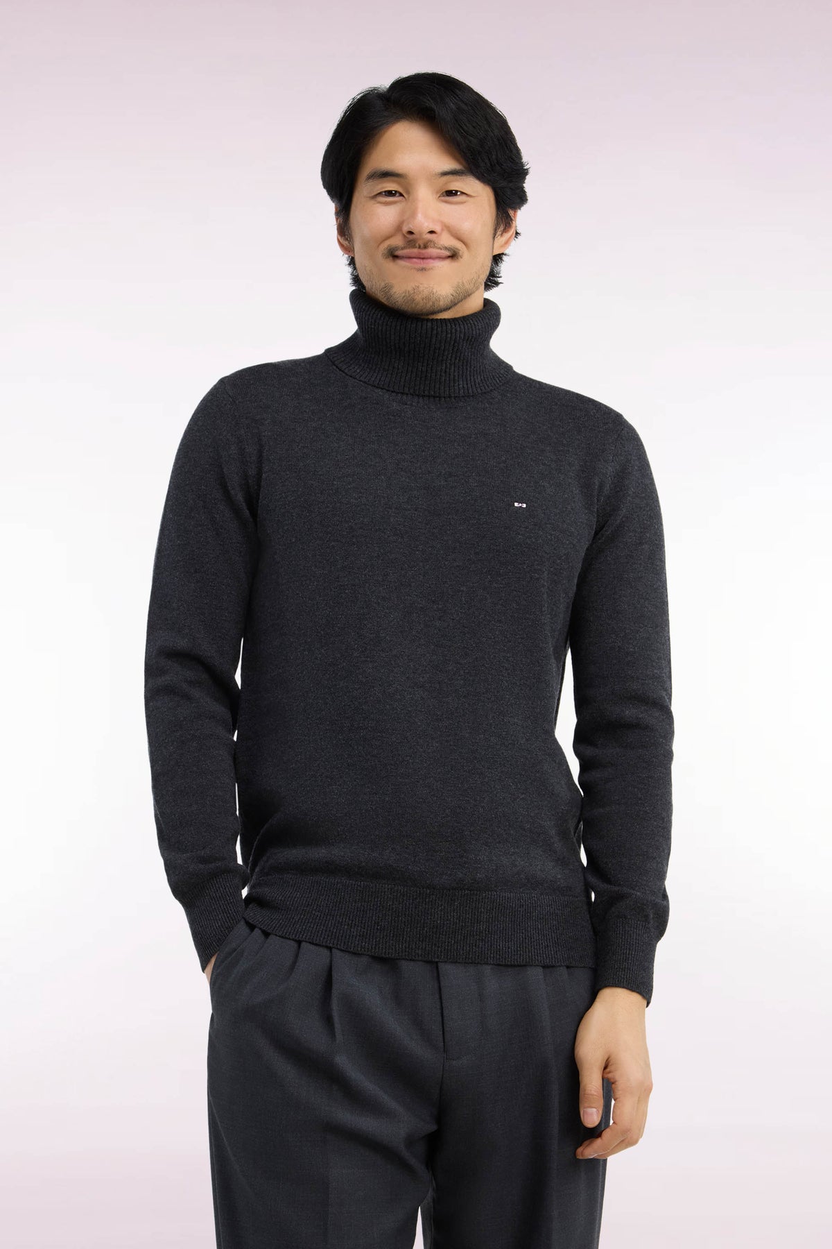 Straight cut dark gray wool and cotton turtleneck sweater