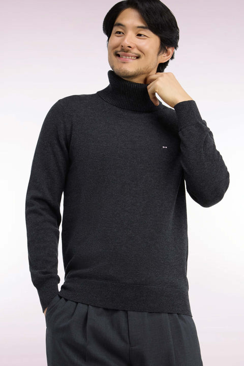 Straight cut dark gray wool and cotton turtleneck sweater - Image 1