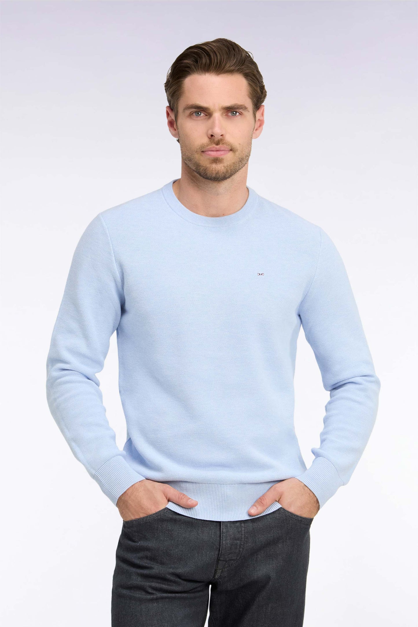 Pull col rond en coton bleu ciel coupe droite