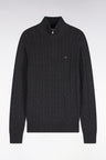 Straight cut gray cotton trucker collar cable sweater