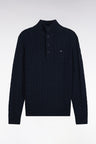 Cable-knit sweater with buttoned collar in navy cotton, straight cut