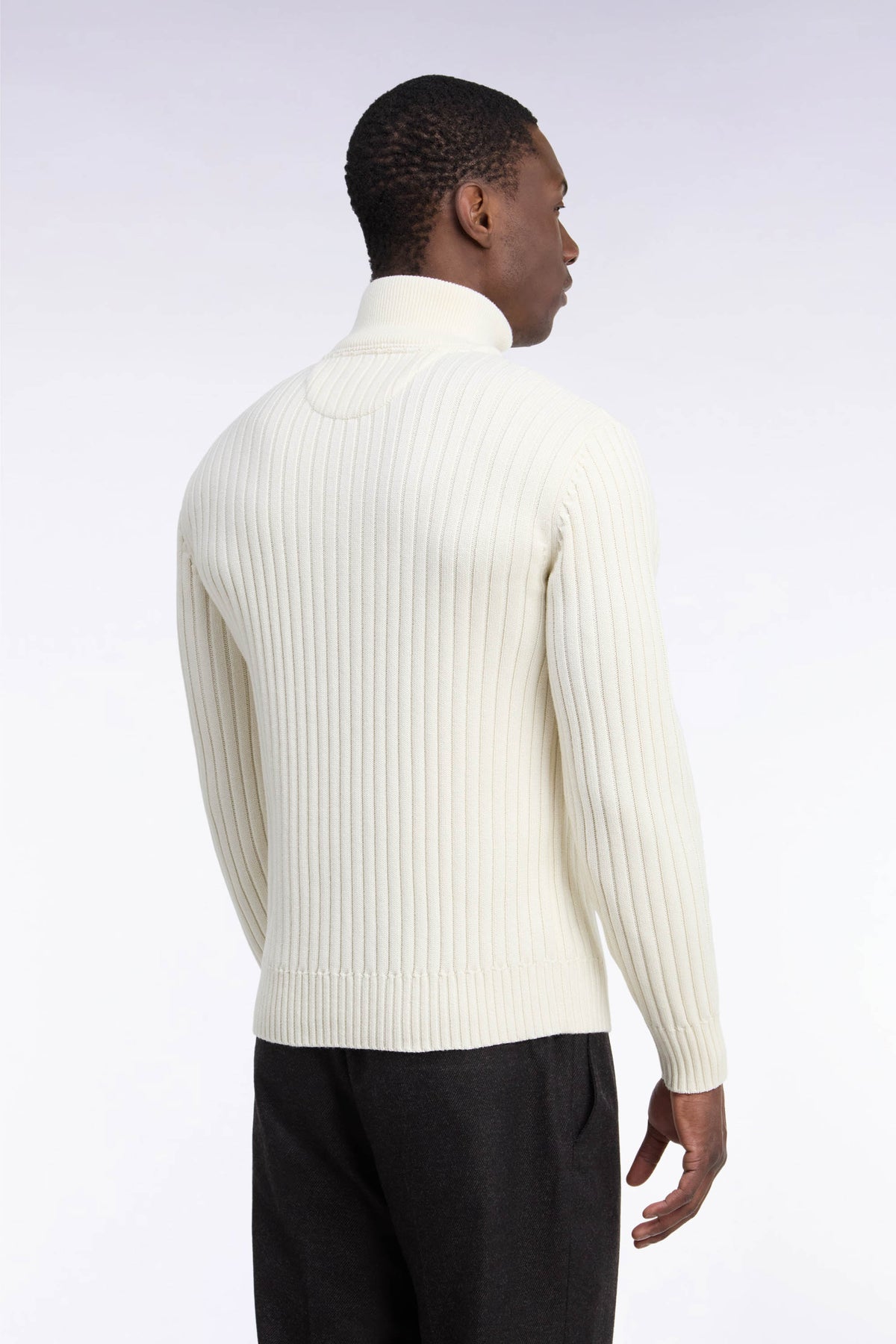 Straight cut ribbed ecru wool and cotton trucker neck sweater