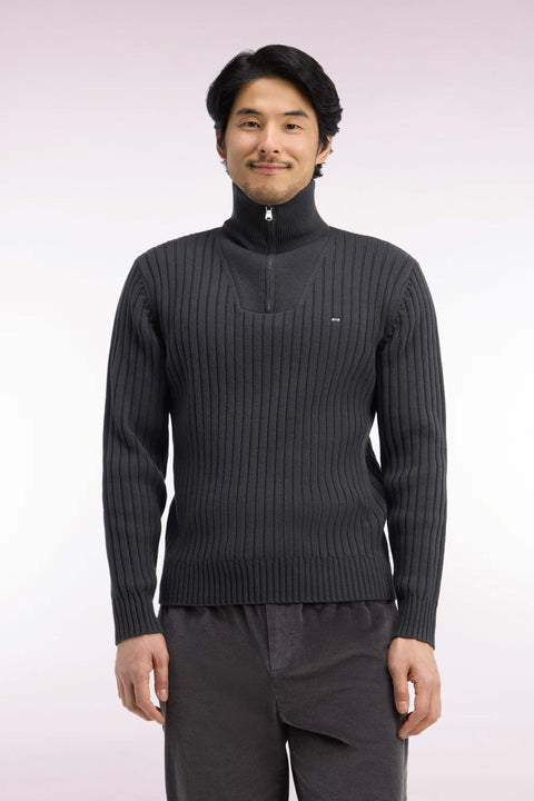 Straight cut ribbed khaki wool and cotton trucker neck sweater - Image 3