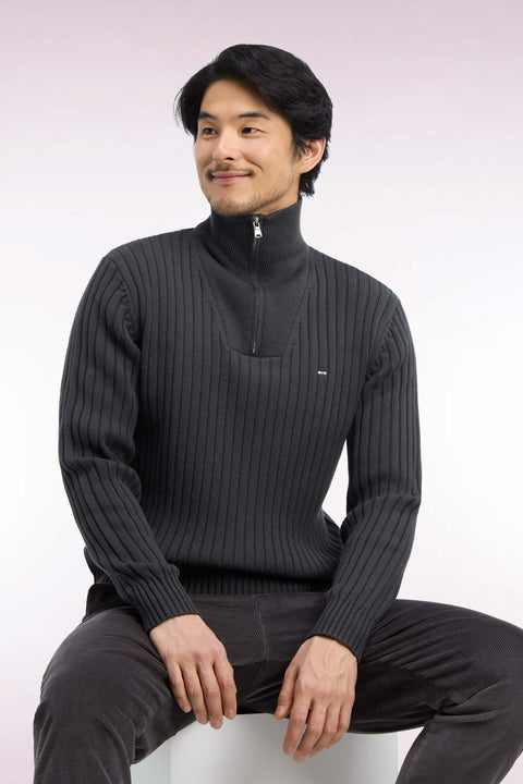 Straight cut ribbed khaki wool and cotton trucker neck sweater - Image 1