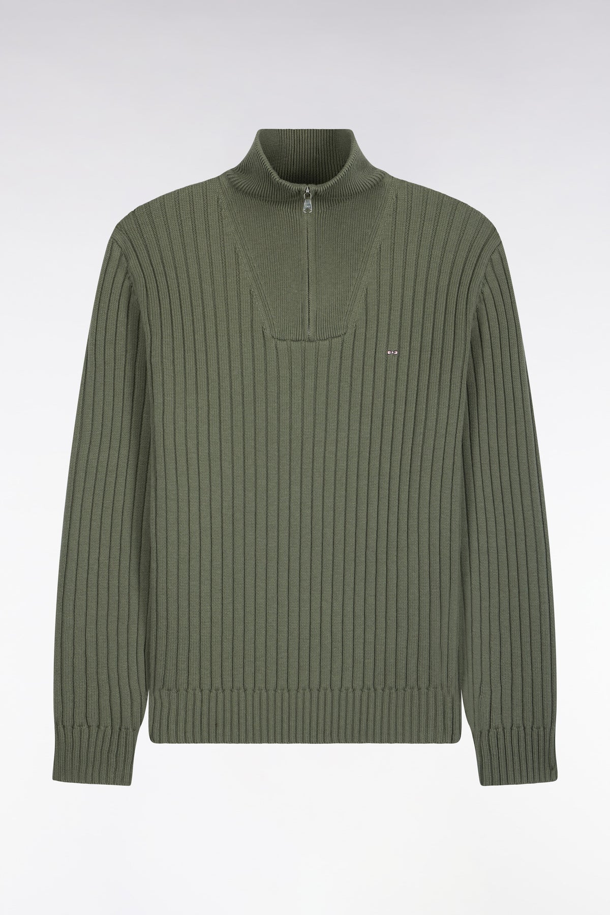 Straight cut ribbed olive green wool and cotton trucker neck sweater
