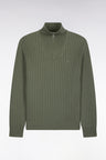 Straight cut ribbed olive green wool and cotton trucker neck sweater