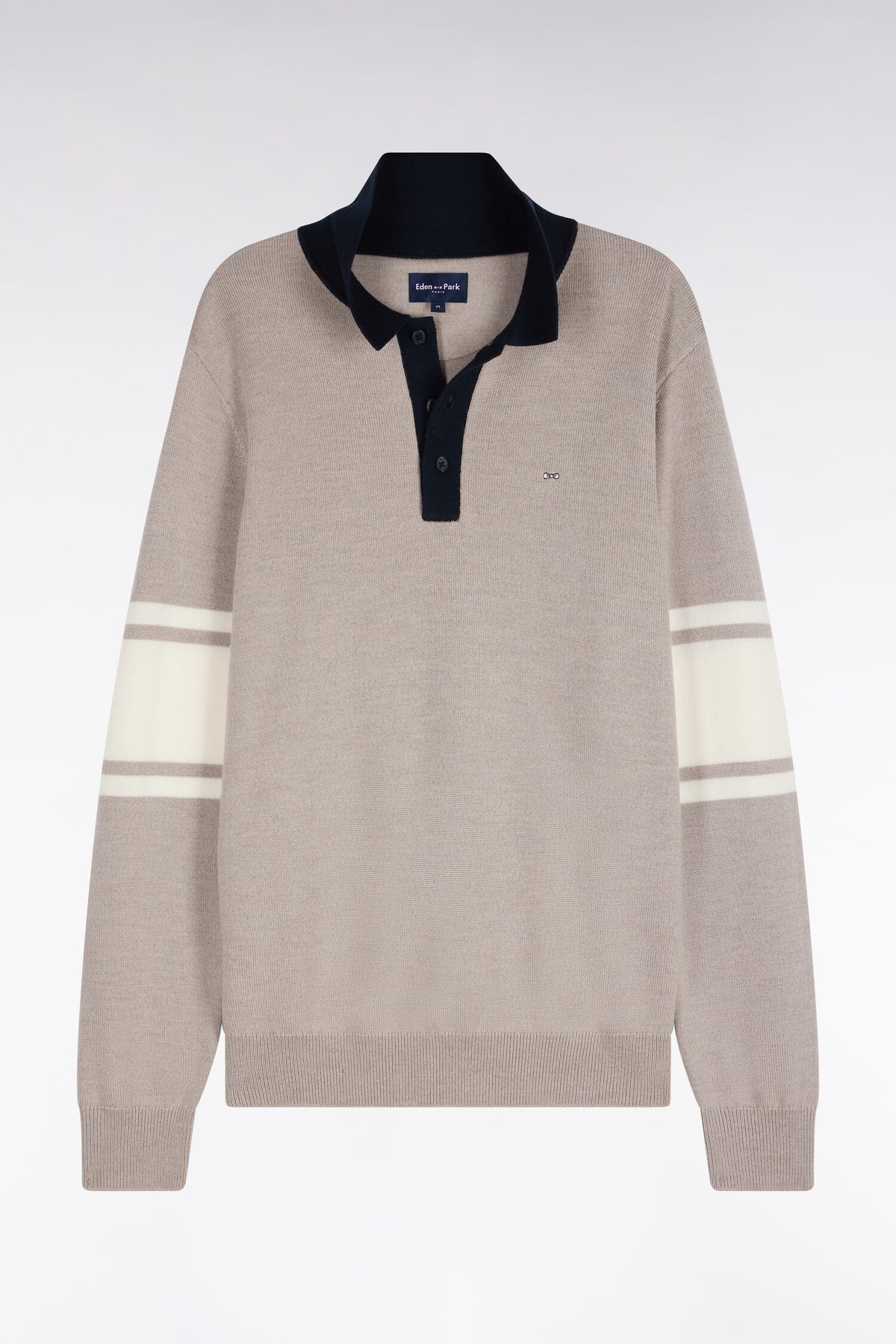 Beige merino wool jersey polo collar sweater