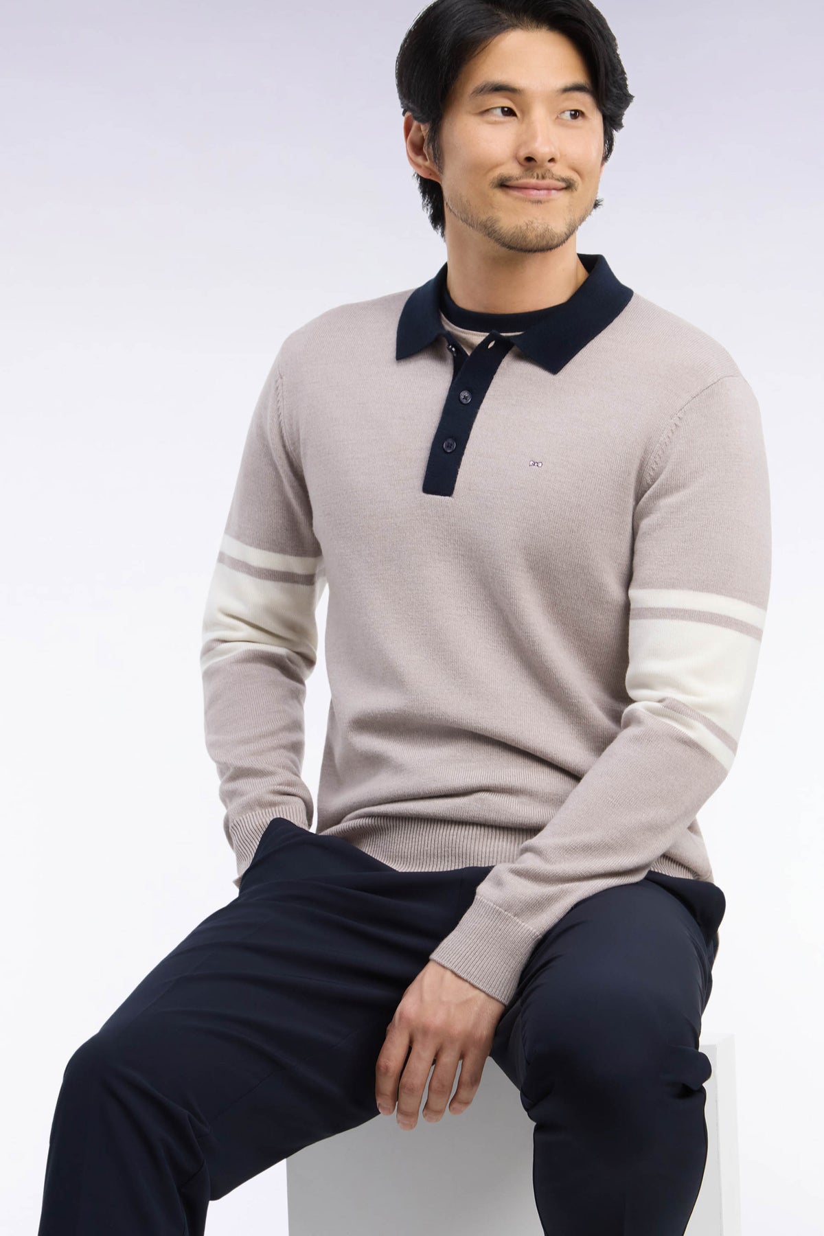 Beige merino wool jersey polo collar sweater