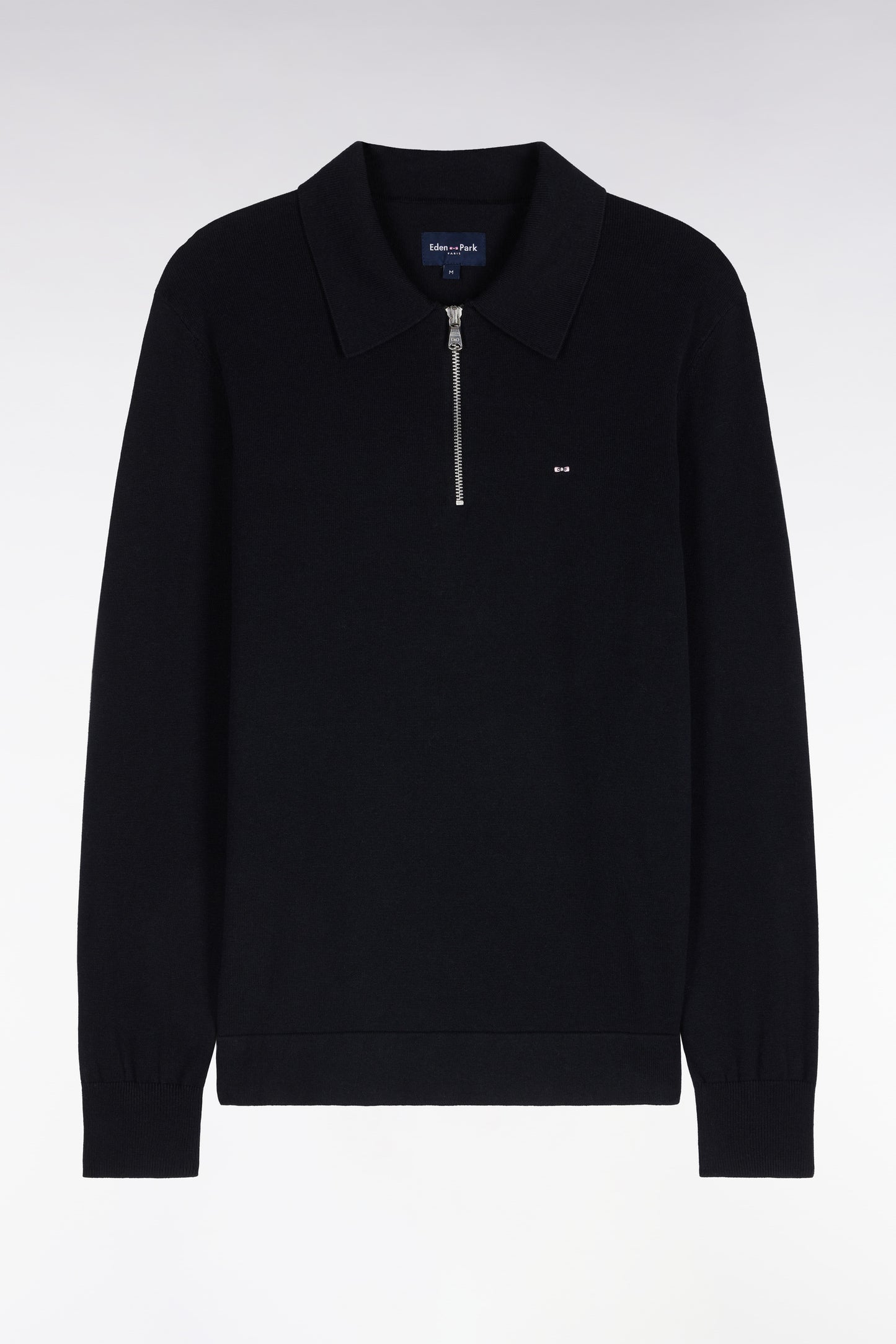Pull à col polo zippé en coton et viscose noir coupe droite