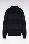 Straight cut brown and navy striped cotton funnel neck sweater