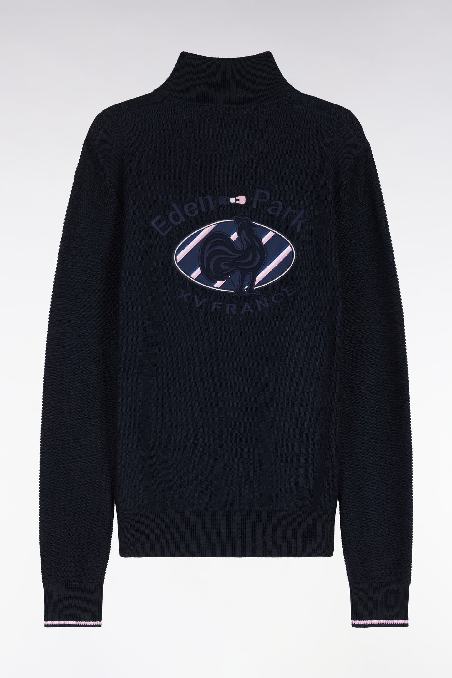 Pull à col montant zippé en coton marine broderie XV de France coupe regular