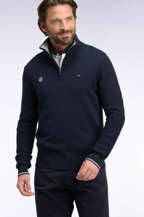 Pull à col montant zippé en coton marine broderie XV de France coupe regular - Image 1