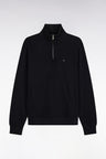 Straight cut black cotton fleece trucker neck sweatshirt